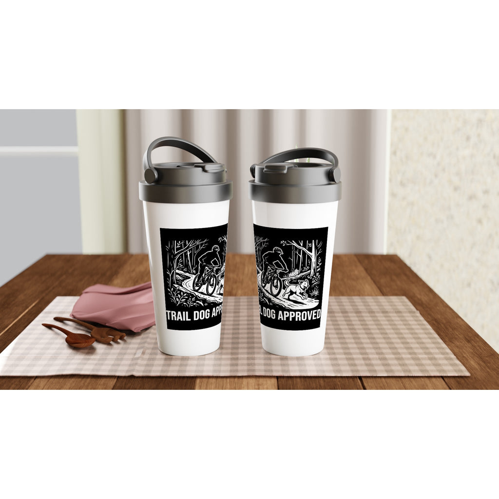 Trail Dog Approved MTB Mug | Mountain Biker Coffee Mug - White 15oz Stainless Steel Travel Mug