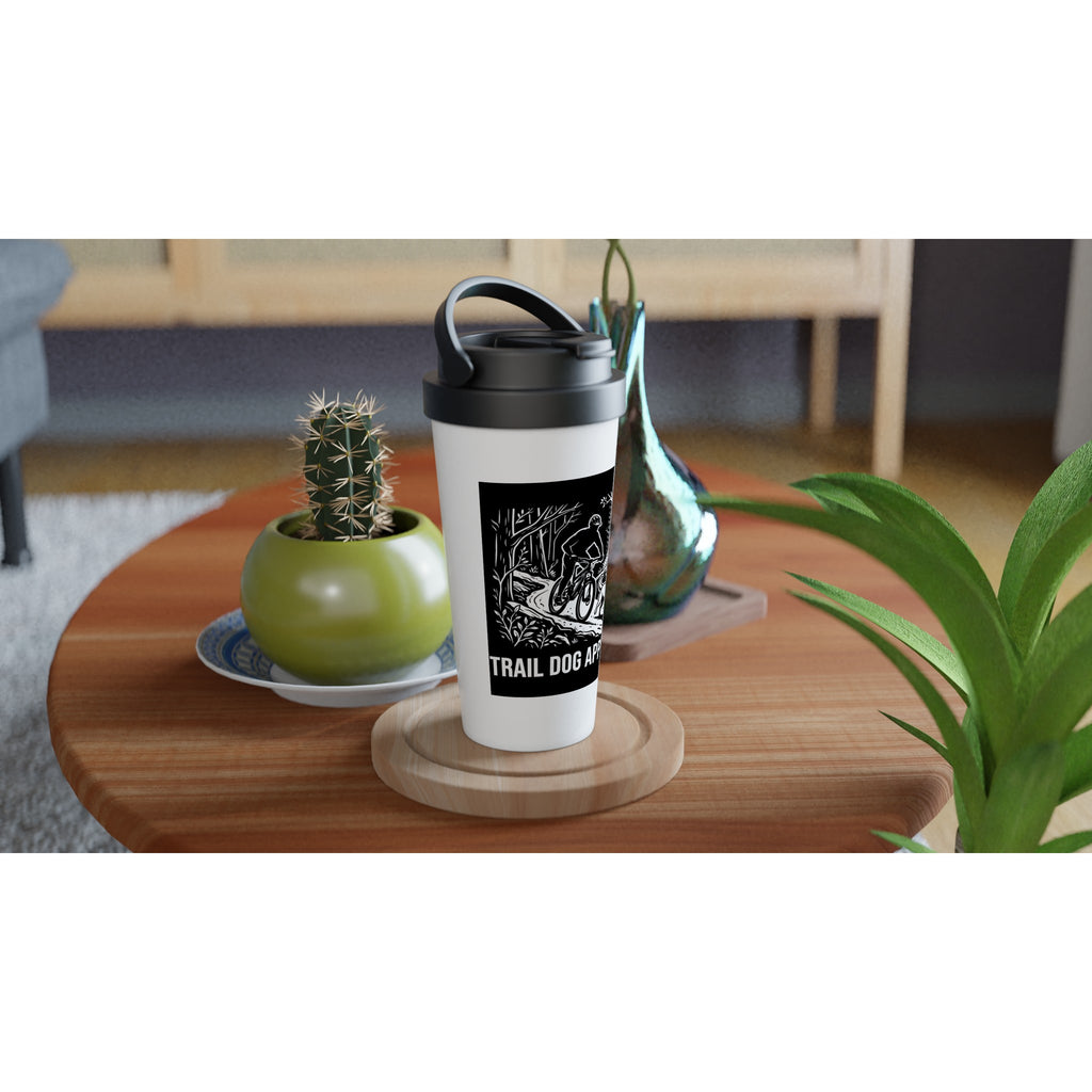 Trail Dog Approved MTB Mug | Mountain Biker Coffee Mug - White 15oz Stainless Steel Travel Mug - view 2