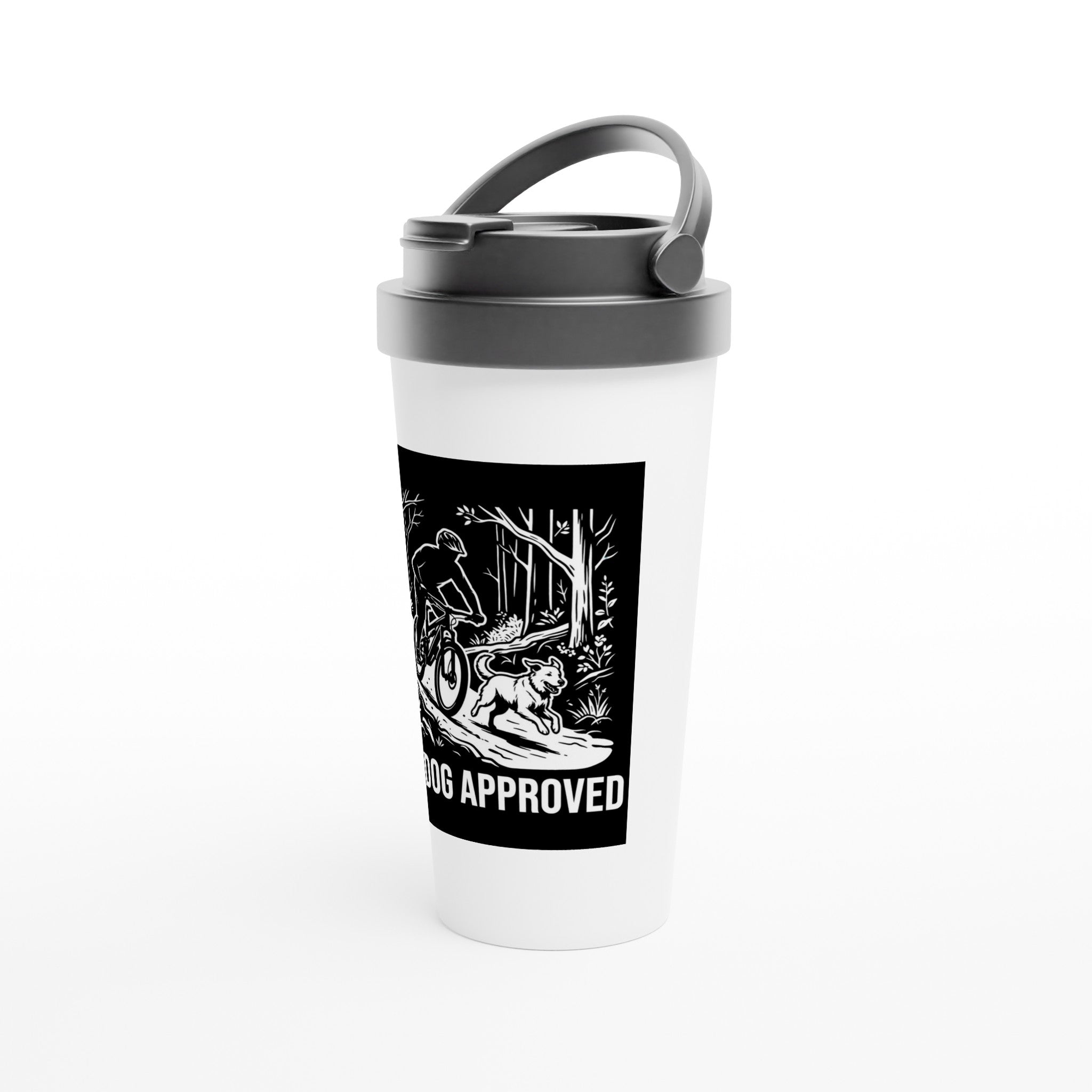Trail Dog Approved MTB Mug | Mountain Biker Coffee Mug - White 15oz Stainless Steel Travel Mug - view 3