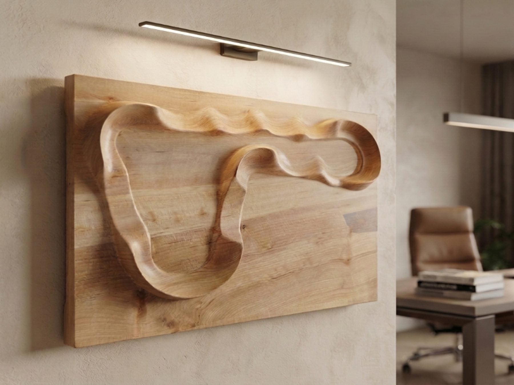 CNC-carved pump track wall art in a styled interior